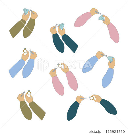 Set of Flat Hands with Gemstones and Rings. Vector Gestures in different positions. Cartoon Jeweler hand Showing, holding and representing Jewelry. Graphic Art For Card Design, Poster, Banner, Art. Set of Flat Hands with Gemstones and Rings. Vector Gestures in different positions. Cartoon Jeweler hand Showing, holding and representing Jewelry. Graphic Art For Card Design, Poster, Banner, Art. 113925230