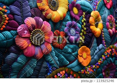 Colorful floral design african fabric. The flowers are arranged in a way that creates a sense of movement and depth 113925246