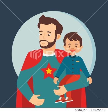 Happy Father Day Celebration with Character of Dad as Superhero Hero Holding His Son 113925455