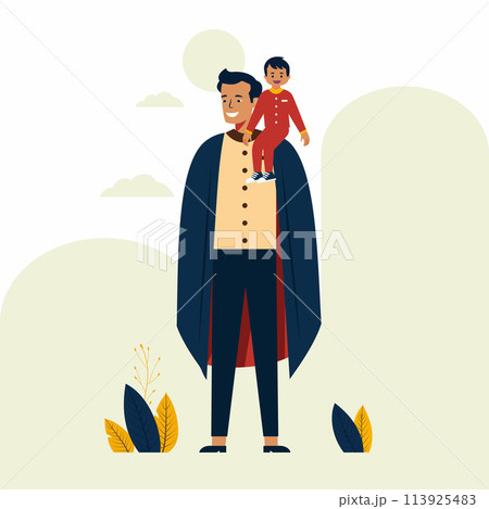Happy Father Day Celebration with Character of Dad as Superhero Hero Holding His Son 113925483