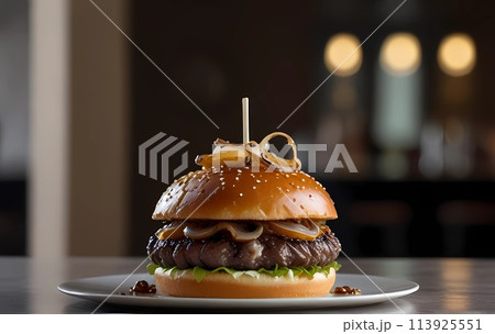 a hamburger on a white ceramic plate with a toothpick sticking out of it 113925551