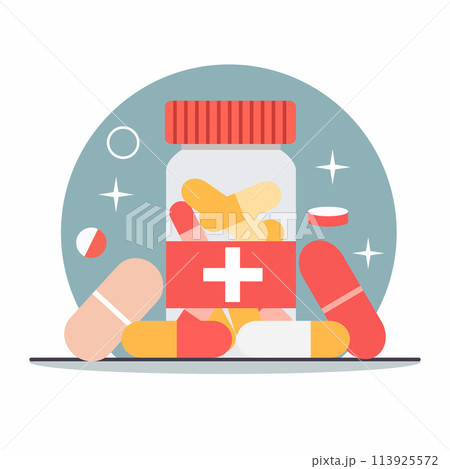 No Drugs Day with Healthy Medicine Capsule Pill in Bottle in Pharmacy 113925572