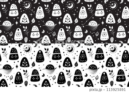 Seamless neo folk art vector pattern with mountains, moon and flowers, black and white floral design. Neo folk style endless background perfect for textile design. 113925891