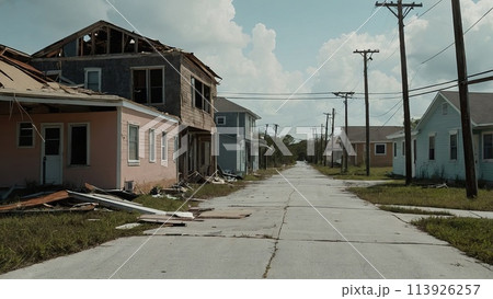 Destroyed homes and infrastructure after the hurricane passes 113926257