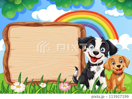 Playful Dogs with Wooden Sign Under Rainbow Playful Dogs with Wooden Sign Under Rainbow 113927199