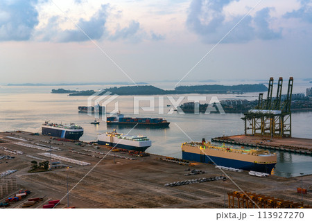 コンテナターミナルに停泊する車両運搬船 113927270