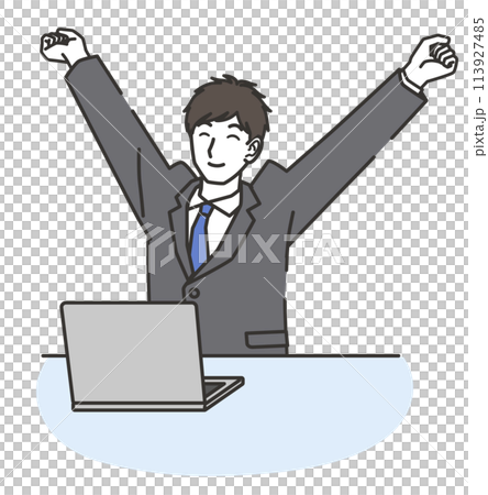 A man in a suit taking a break and a computer 113927485