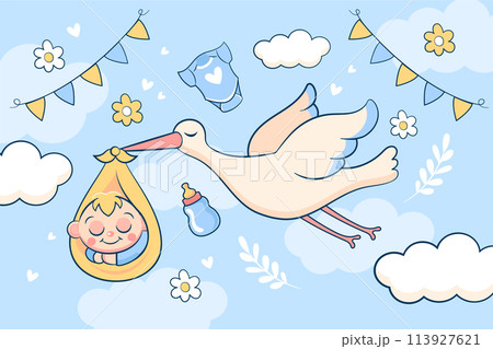 Cartoon baby shower background with a stork carrying a baby 113927621