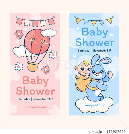 Cartoon baby shower vertical banner template collection with a hot air balloon and rabbit 113927623