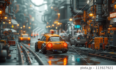 city of the future with androids, robots and cars on the street city of the future with androids, robots and cars on the street 113927921