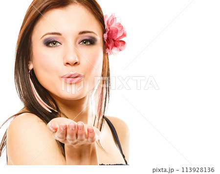 beautiful girl in summer style blowing kiss. Flirty 113928136