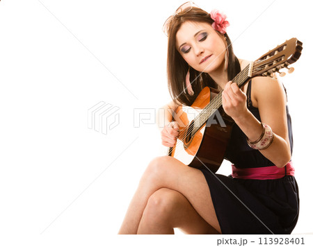 Music lover, summer girl with guitar isolated Music lover, summer girl with guitar isolated 113928401