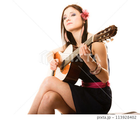 Music lover, summer girl with guitar isolated 113928402
