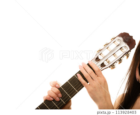 Music instrument.  Girl holding guitar isolated 113928403