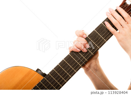 Music instrument.  Girl holding guitar isolated 113928404