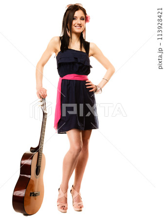 Music lover, summer girl with guitar isolated Music lover, summer girl with guitar isolated 113928421
