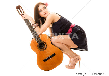 Music lover, summer girl with guitar isolated Music lover, summer girl with guitar isolated 113928446