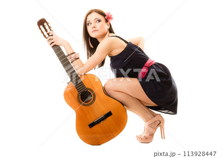 Music lover, summer girl with guitar isolated Music lover, summer girl with guitar isolated 113928447