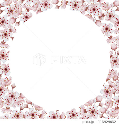 Frame with cherry blossom, watercolor illustration isolated on white. Spring pink flowers for table textile, porcelain tableware, delicious prints, cosmetic packages, labels or logo 113929032