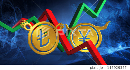 bullish jpy or cny to bearish try currency. foreign exchange market 3d illustration of japanese yen or chinese yuan to turkish lira. money represented  as golden coins 113929335