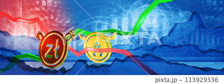 groceries price growth in pln. food shortage and crisis in poland. 3D illustration of bullish market trend. expensive cost of living 113929336