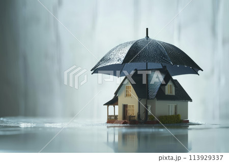 House model standing under umbrella in mud during heavy rain 113929337