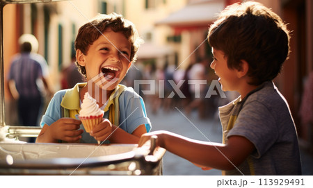 A boy buys ice cream. A joyful moment. 113929491