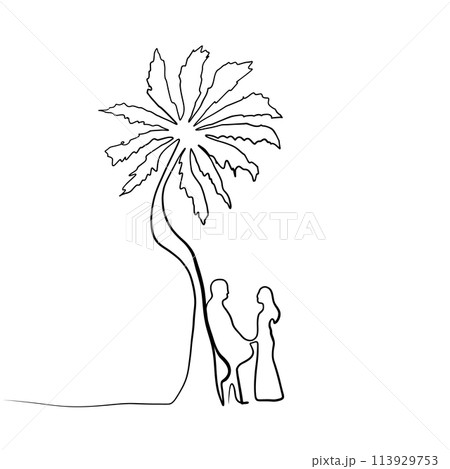 Continuous drawing of lines. Line art of a couple near a palm tree. Vector minimalistic Continuous drawing of lines. Line art of a couple near a palm tree. Vector minimalistic 113929753