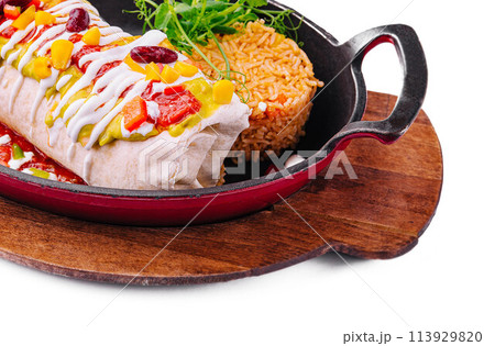 Beef Burrito Dinner with rice on pan 113929820