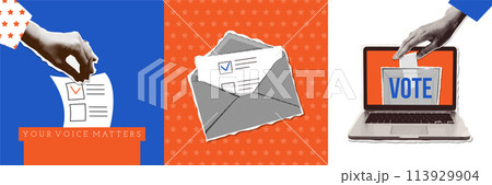 Ballot box voting, online vote, mail polling square banners set. Halftone collage banners collection with hands. Vector poster concepts for web. Trendy vintage vector illustration. Ballot box voting, online vote, mail polling square banners set. Halftone collage banners collection with hands. Vector poster concepts for web. Trendy vintage vector illustration. 113929904
