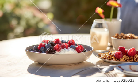 Healthy morning breakfast of fresh berries and yogurt 113929923