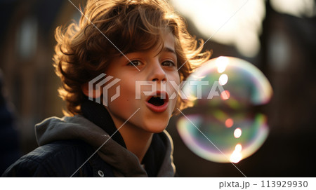 Cheerful boy with soap bubbles 113929930