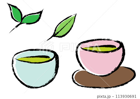 シンプルな筆タッチの緑茶のイラストセット シンプルな筆タッチの緑茶のイラストセット 113930691