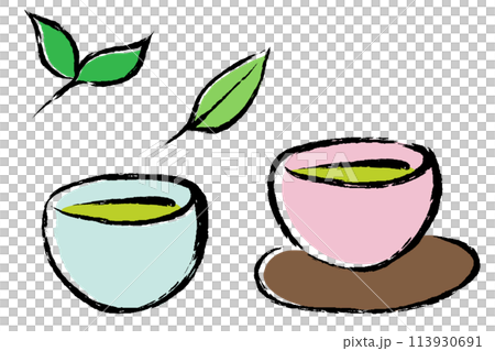 シンプルな筆タッチの緑茶のイラストセット シンプルな筆タッチの緑茶のイラストセット 113930691