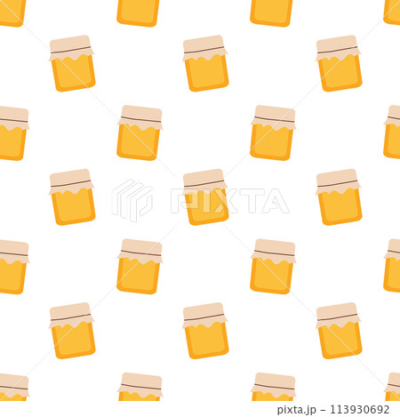 Seamless pattern with honey jar. Vector illustration for honey design, beekeeper branding, background, wrapping paper, fabric textile. 113930692