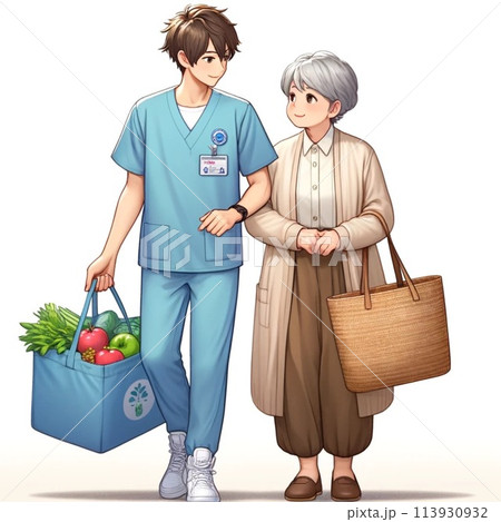 高齢者の買い物に同行する介護スタッフ 高齢者の買い物に同行する介護スタッフ 113930932