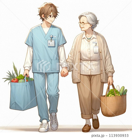 高齢者の買い物に同行する介護スタッフ 113930933
