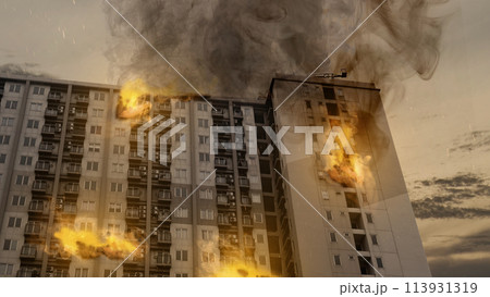 Thick smoke from burning buildings 113931319