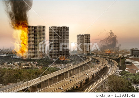 View of building on fire in the city. War background concept. 113931342