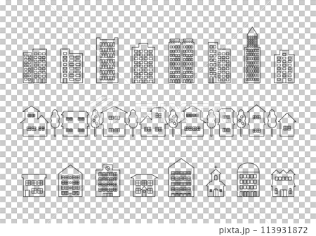 線画の街並みアイコンイラストセット（黒） 113931872