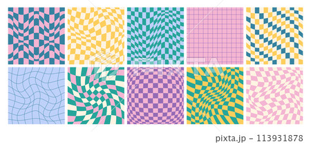 Square psychedelic checkerboards, groovy checkered seamless pattern with distorted grid tile 113931878