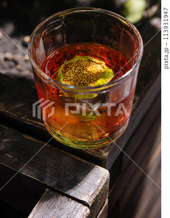 Alcoholic Negroni Cocktail top view Alcoholic Negroni Cocktail top view 113931947