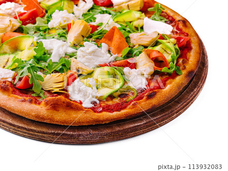 pizza with zucchini, arugula and artichokes 113932083
