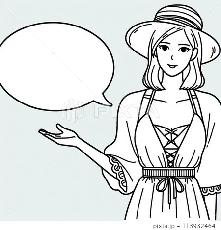 右手のひらを差し出している女性の線画【吹き出し付】 113932464