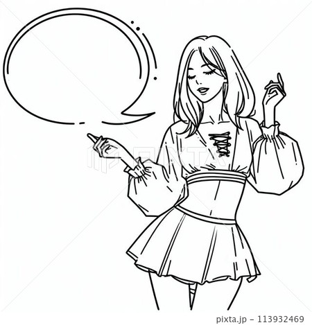 ノリノリで歌っている女子の線画【吹き出し付】 113932469
