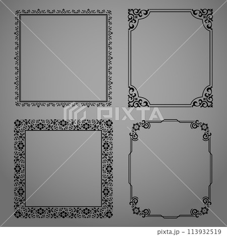 Set of decorative frames Elegant vector element for design in Eastern style, place for text. Floral black and gray borders. Lace illustration for invitations and greeting cards Set of decorative frames Elegant vector element for design in Eastern style, place for text. Floral black and gray borders. Lace illustration for invitations and greeting cards 113932519
