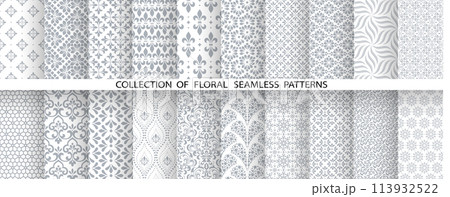 Geometric floral set of seamless patterns. White and gray vector backgrounds. Damask graphic ornaments Geometric floral set of seamless patterns. White and gray vector backgrounds. Damask graphic ornaments 113932522