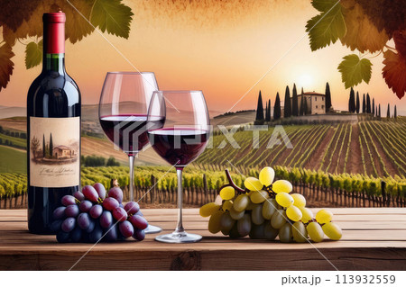 Two glasses of red wine with grapes on wooden table in vineyard in field at sunset. 113932559