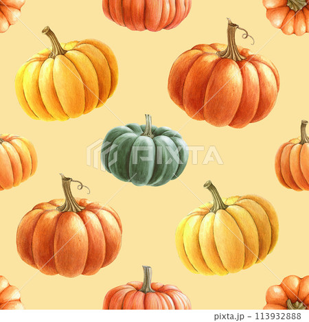 Bright pumpkins seamless pattern. Watercolor painted illustration. Hand drawn ripe orange autumn harvest pumpkin decoration. Thanksgiving and halloween bright seamless pattern element 113932888