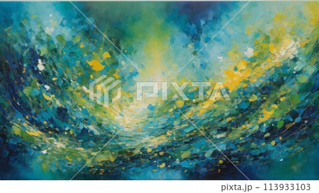 Abstract art giving a perspective of looking up into a forest canopy. Vibrant colors depict light filtering through. 113933103